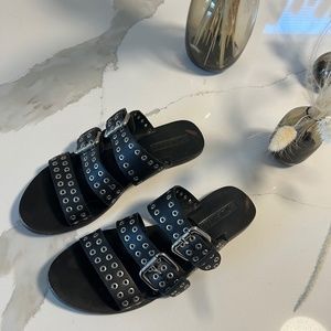 Sol Sana Black Leather Silver Sandals Slides